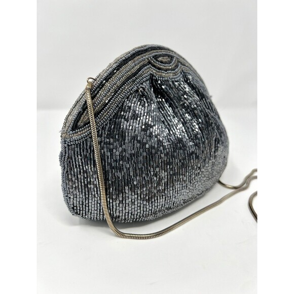 Vintage Neiman Marcus Beaded Clamshell Purse Satin Evening Bag 20s Gatsby Party - Picture 14 of 15